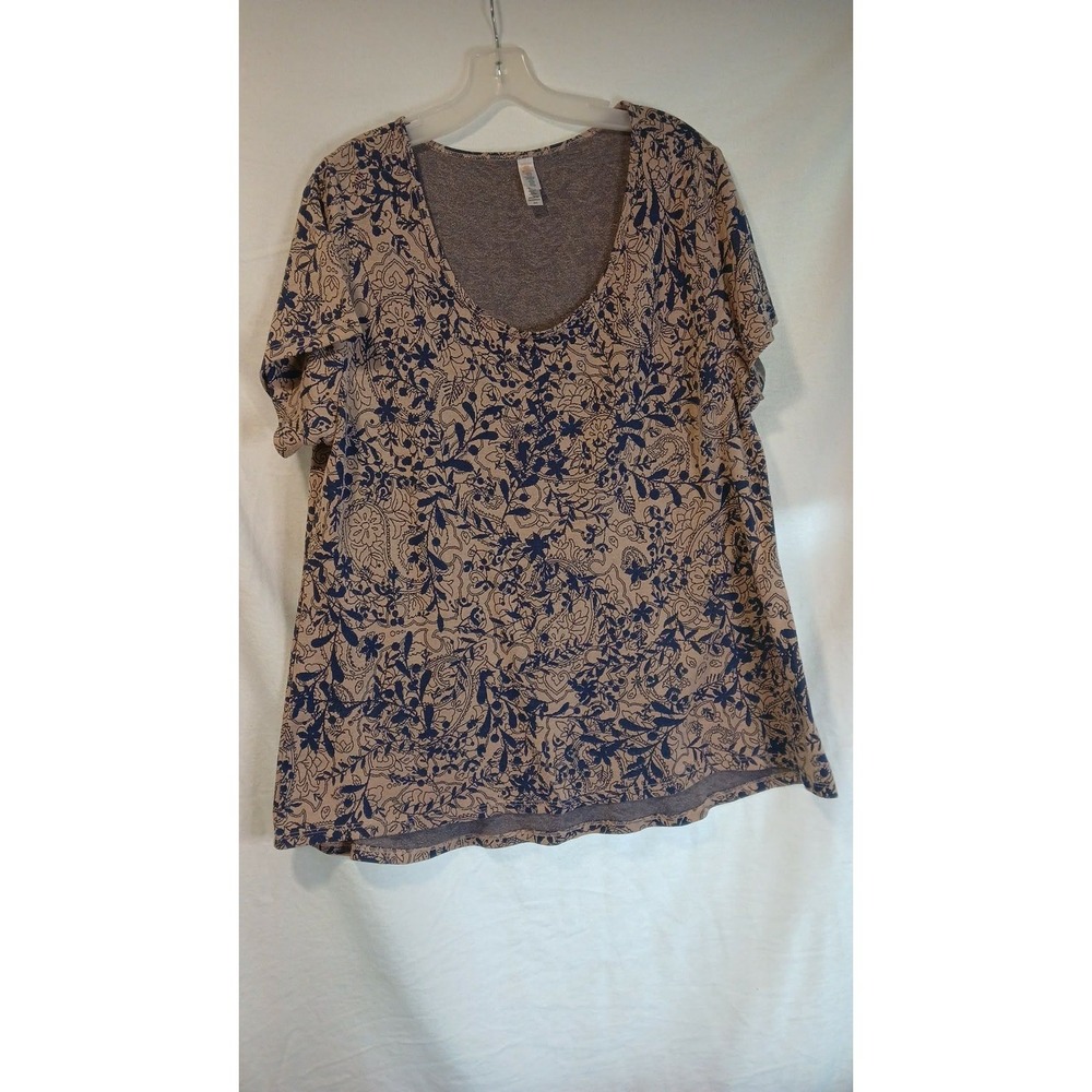 LuLaRoe Classic T-Shirt 2XL Blue Tan Floral Pattern Scoop Neck Short Sleeve Top